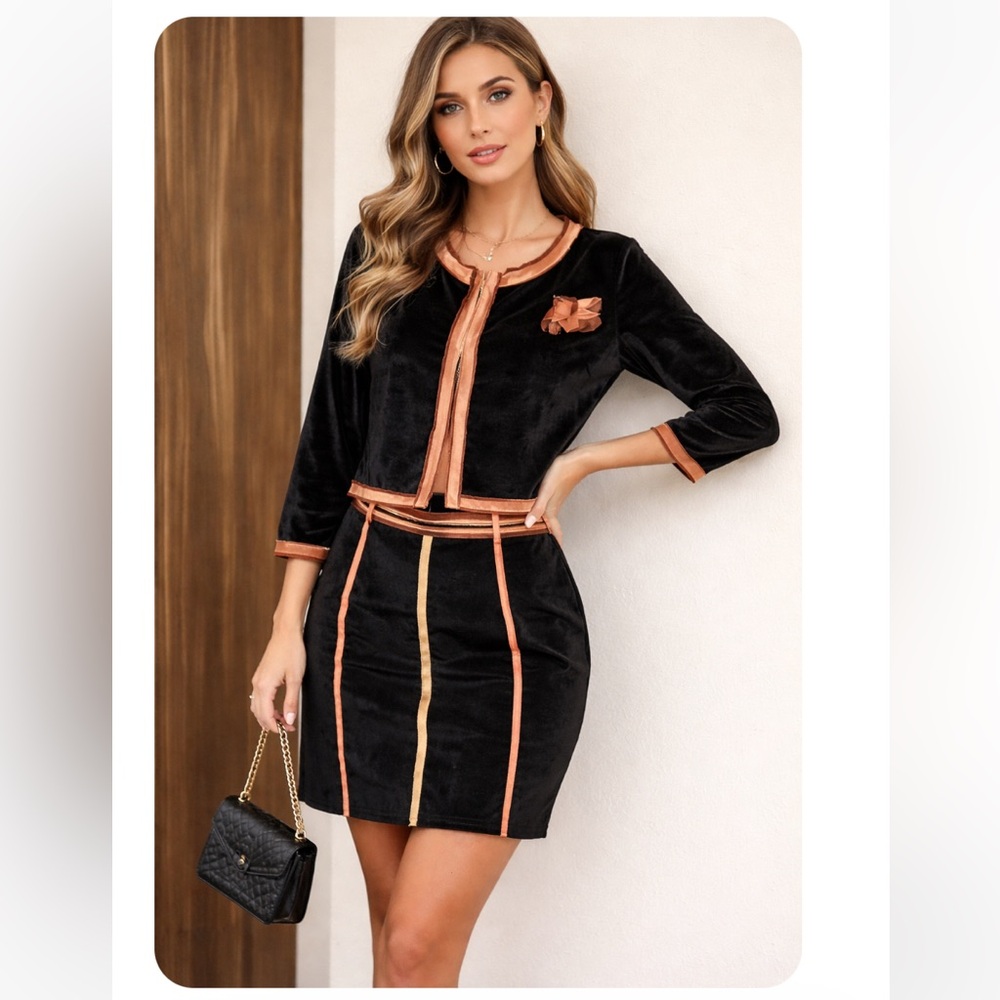 Designer birkin Black velvet black and Brown sister jacket and fabric skirt